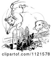 Clipart Of A Retro Vintage Black And White Goat Attacking A Bear Royalty Free Vector Illustration