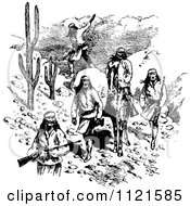 Clipart Of A Retro Vintage Black And White Native Americans In A Desert Royalty Free Vector Illustration