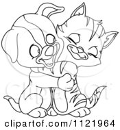 Cartoon Of An Outlined Cute Puppy And Kitten Hugging Royalty Free Vector Clipart by yayayoyo