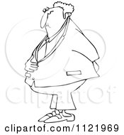 Cartoon Of An Outlined Businessman Holding His Stomach And Behind Royalty Free Vector Clipart