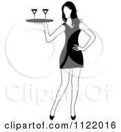 Clipart Of A Black And White Cocktail Waitress Carrying A Tray With Beverages Royalty Free Vector Illustration by Pams Clipart