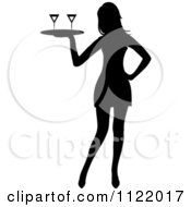 Clipart Of A Silhouetted Cocktail Waitress Carrying A Tray With Beverages Royalty Free Vector Illustration by Pams Clipart