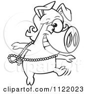 Cartoon Of An Outlined Dancing Pig In A Wig Royalty Free Vector Clipart