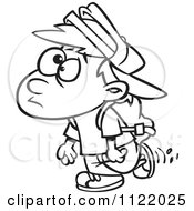 Cartoon Of An Outlined School Boy Walking Royalty Free Vector Clipart