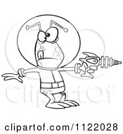 Cartoon Of An Outlined Alien Invader Pointing A Ray Gun Royalty Free Vector Clipart