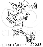 Cartoon Of An Outlined Happy Halloween Good Witch Flying On A Broom Royalty Free Vector Clipart