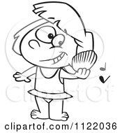 Cartoon Of An Outlined Girl Listening To A Shell Play Music On A Beach Royalty Free Vector Clipart