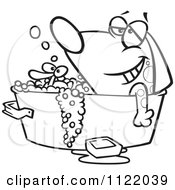 Poster, Art Print Of Outlined Relaxed Dog Bathing In A Tub With A Rubber Duck