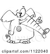 Cartoon Of An Outlined Republican Elephant Wearing A Button And Holding Up A Finger Royalty Free Vector Clipart