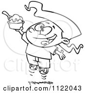 Cartoon Of An Outlined Happy Girl Jumping With An Ice Cream Sundae Royalty Free Vector Clipart by toonaday