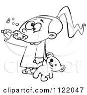 Cartoon Of An Outlined Girl Holding Her Teddy Bear And Brushing Her Teeth Before Bedtime Royalty Free Vector Clipart