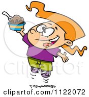Cartoon Of A Happy Girl Jumping With An Ice Cream Sundae Royalty Free Vector Clipart