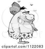 Cartoon Of A Grayscale Dumb Caveman With Flies And A Club Royalty Free Vector Clipart