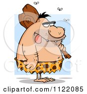 Cartoon Of A Dumb Caveman With Flies And A Club Over Blue Royalty Free Vector Clipart