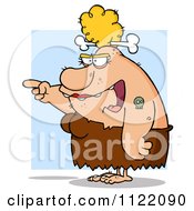 Cartoon Of A Mad Cavewoman Pointing A Finger And Yelling Over Blue Royalty Free Vector Clipart