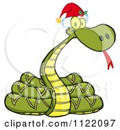 Cartoon Of A Coiled Christmas Snake With A Santa Hat Royalty Free Vector Clipart