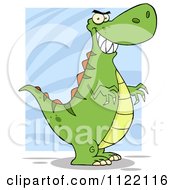 Cartoon Of A Green Tyrannosaurus Rex Dinosaur Over Blue Royalty Free Vector Clipart