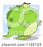 Cartoon Of A Green Dinosaur Over Blue Royalty Free Vector Clipart