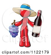 Red Woman Vintner Wine Maker Wearing A Hat And Holding Grapes And Wine