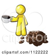 Yellow Man With A Cup Of Coffee By Beans