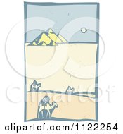 Clipart Of Woodcut Wise Men On Camels Near The Pyramids Royalty Free Vector Illustration