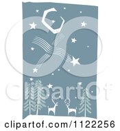 Poster, Art Print Of Woodcut Of Two Deer In The Forest Under Shooting Stars