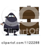 Cartoon Of A Chubby Ninja Man With A Sign 3 Royalty Free Vector Clipart