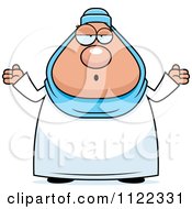 Cartoon Of A Clueless Or Careless Shrugging Chubby Muslim Woman Royalty Free Vector Clipart