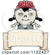 Cartoon Of A Happy Zombie Girl Over A Banner Sign Royalty Free Vector Clipart