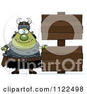 Cartoon Of A Chubby Ogre Man With A Wood Sign Royalty Free Vector Clipart