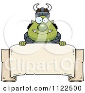 Cartoon Of A Chubby Ogre Man Over A Banner Sign Royalty Free Vector Clipart
