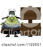 Cartoon Of A Chubby Ogre Woman With A Wood Sign Royalty Free Vector Clipart
