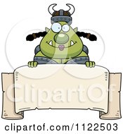 Cartoon Of A Chubby Ogre Woman Over A Banner Sign Royalty Free Vector Clipart