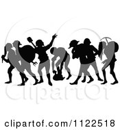 Clipart Of Retro Vintage Silhouetted Seven Dwarfs Royalty Free Vector Illustration