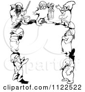 Clipart Of A Retro Vintage Black And White Border Of Dwarfs Royalty Free Vector Illustration