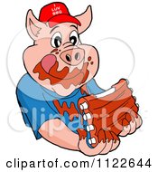 Pig Wearing A Hat And Eating Messy Ribs