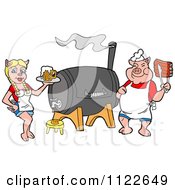 Chef Pig Holding Ribs And Waitress Holding Beer By A Smoker