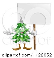 Poster, Art Print Of Happy Christmas Or Evergreen Tree Mascot Holding A Sign