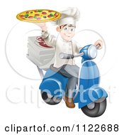 Poster, Art Print Of Happy Pizza Delivery Chef Holding Up A Pie On A Scooter