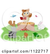 Cartoon Of An Owl On A Stump Reading To Other Critters Royalty Free Vector Clipart by BNP Design Studio