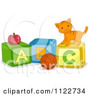 Cartoon Of A Ccute Kitten Apple And Basketball With Abc Blocks Royalty Free Vector Clipart