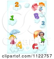 Poster, Art Print Of Border Of Children With Letters Numbers And Umbrellas In Clouds