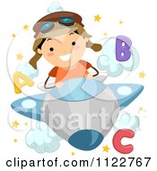Cartoon Of A Happy School Boy Piloting A Plane Through Letter Clouds Royalty Free Vector Clipart