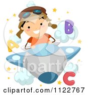 Poster, Art Print Of Happy School Boy Piloting A Plane Through Letter Clouds