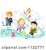 Cartoon Of Happy School Kids On A Path Of Crayons Clouds Numbers And Letters Royalty Free Vector Clipart