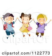 Poster, Art Print Of Excited School Children Holding Hands And Jumping