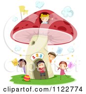 Cartoon Of Happy Diverse School Children With Numbers At Letters At A Mushroom House Royalty Free Vector Clipart