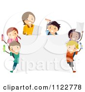 Cartoon Of A Woman And Diverse Kids Ready To Color A Banner Royalty Free Vector Clipart
