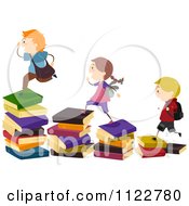 Cartoon Of Energetic School Children Running Up Stairs Of Books Royalty Free Vector Clipart