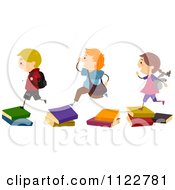 Cartoon Of Energetic School Children Running Over Stepping Stones Of Books Royalty Free Vector Clipart